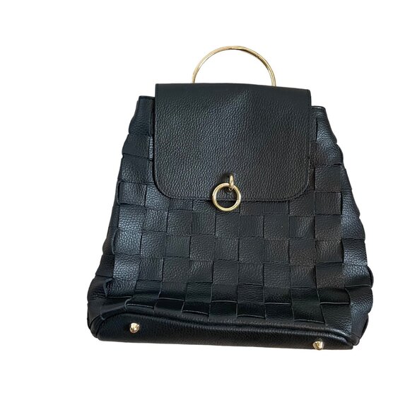 Anna Morellini Genuine Leather Woven Backpack With Gold Ring Handle & Straps - Picture 1 of 10